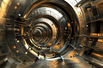 Futuristic Metallic Tunnel with Glowing Lights. A 3D Render of Sci-Fi Architecture for Concepts like Time Travel, Spaceships, or Advanced Technology