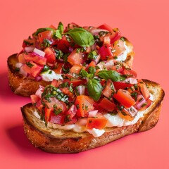 Delicious bruschetta with tomato, basil, onion and cream cheese, shot on a bright pink background.  Perfect for a light lunch, appetizer or snack.