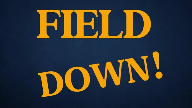 Field Down! And Field Seamless looping swing text animation with orange color text and navy blue background. terms in the sport of cricket, cricket match, win, winner, champ.