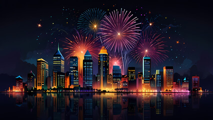vibrant Art Illustration capturing the explosive beauty of fireworks against a city skyline at night