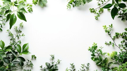 Fototapeta premium Green leaves of the plant border the empty space on a white background.