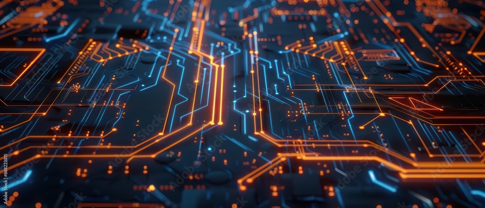 Poster a digital landscape showcasing a cyber computer core with glowing circuits and data flows with copy 