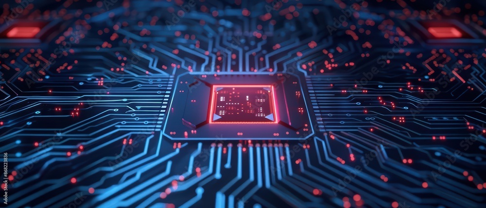 Fototapete A digital landscape showcasing a cyber computer core with glowing circuits and data flows with copy space
