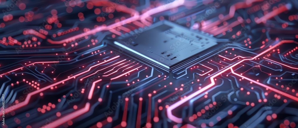 Poster a digital landscape showcasing a cyber computer core with glowing circuits and data flows with copy 