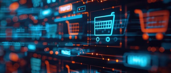 Obraz premium A digital world showcasing a cyber shopping spree with floating icons of purchased items with copy space