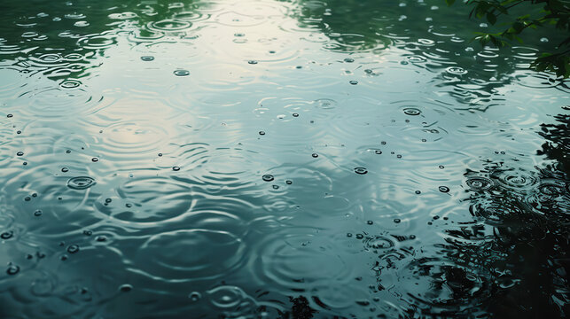 raindrops on a river surface, moderate rain creating overlapping ripples