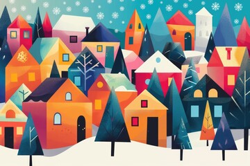 Colorful Home in Winter Wonderland: Abstract Landscape with Creative Geometric Houses