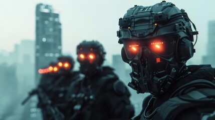 A futuristic city overrun by cybernetic zombies with glowing eyes and digital decay with copy space