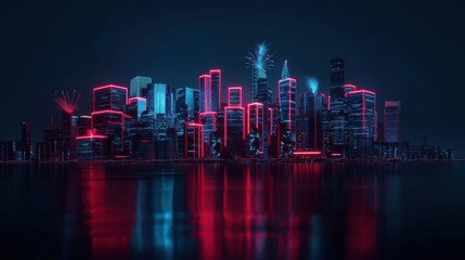 Naklejka premium A futuristic cityscape illuminated by holographic fireworks celebrating Independence Day with copy space