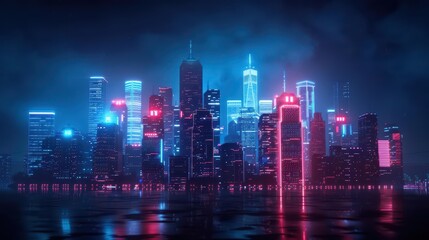 Naklejka premium A futuristic cityscape illuminated by holographic fireworks celebrating Independence Day with copy space