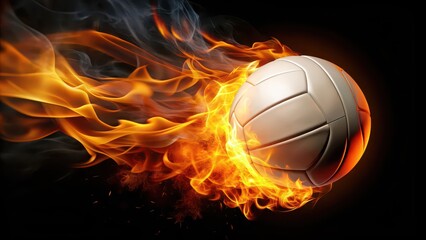 Fototapeta premium Volleyball engulfed in flames on black background, sports, volleyball, fire, intense, competition, hot, burning, flames