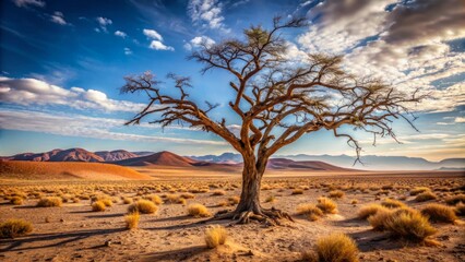 Naklejka premium Desolate landscape featuring a lone, barren dry thorn tree with twisted branches and prickly stems against a harsh arid background.