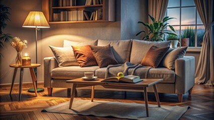 Cozy living room interior with empty couch, scattered pillows, and open book on coffee table, dimly lit by floor lamp.