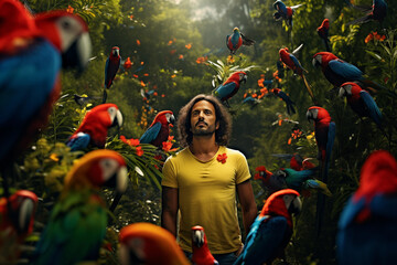 Obraz premium Man standing in a clearing, surrounded by a flock of colorful parrots. Generative AI