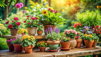 Colorful potted plants with varied foliage and blooms sit on a rustic wooden table amidst a lush green outdoor setting.