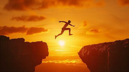 A man jumping over cliff on sunset background. Business concept idea for "I can do it" or "Just do it"