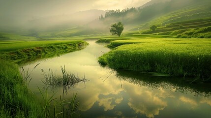 Obraz premium Peaceful Countryside Landscape with Lush Fields, Rolling Hills, and Serene Atmosphere