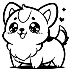 A cute cartoon corgi with big, sparkling eyes and a small tail, outlined in black and white.


