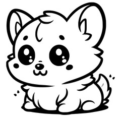 A cute cartoon corgi with big, sparkling eyes and a small tail, outlined in black and white.

