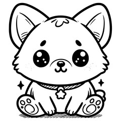 A cute cartoon corgi with big, sparkling eyes and a small tail, outlined in black and white.

