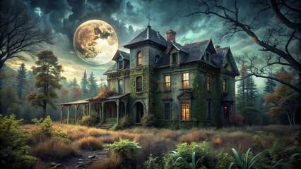 Foreboding derelict mansion stands amidst overgrown foliage, looming beneath a haunting full moon sky on a dark and spooky Halloween night.