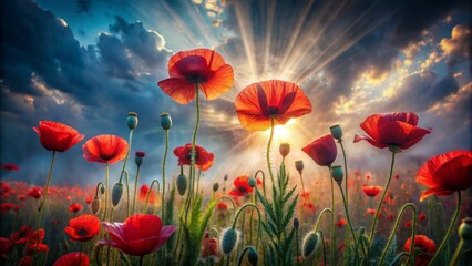 Fototapeta premium Vibrant red poppies sway gently in an ethereal, surreal landscape shrouded in dark shadows, illuminated by soft, mystical light.