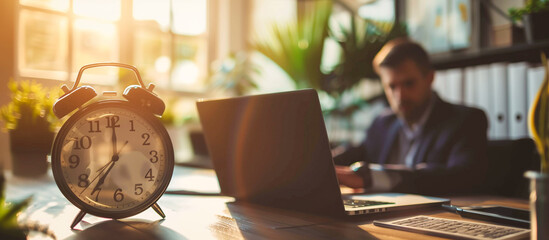 Alarm clock on table in front of business man using laptop at home office