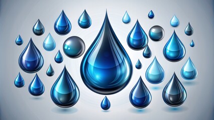 Stunning vector illustration of blue and black water drops in various shapes and sizes isolated on a clean background.