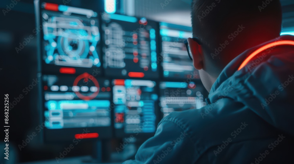 Aufkleber a futuristic workshop where a cyber engineer is designing holographic blueprints with copy space