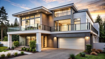 Fototapeta premium Contemporary two-story residence with white exterior, expansive windows, open second-floor balcony, and dual car bays beneath the first floor.