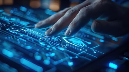 A futuristic workshop where a cyber engineer is designing holographic blueprints with copy space