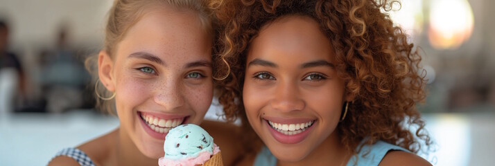 Two multiracial young women eating ice cream together, concept of friendship and joy, National Girlfriend Day