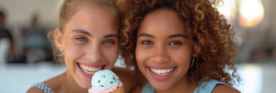 Two multiracial young women eating ice cream together, concept of friendship and joy, National Girlfriend Day
