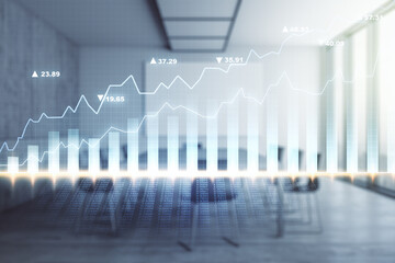 Double exposure of abstract creative financial chart hologram on a modern meeting room background, research and strategy concept