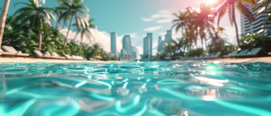 Conceptual cyber beach resort featuring augmented reality activities and virtual sunbathing with copy space