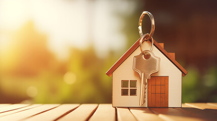Wooden house model with a key on a table, against a warm sunset backdrop