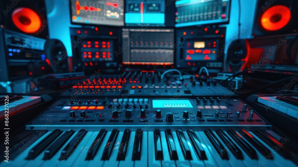 Poster conceptual cyber music studio featuring advanced digital instruments and virtual reality mixing with