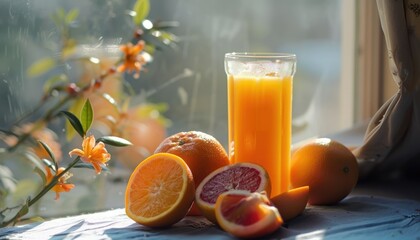 Vibrant orange juice and citrus fruits glistening amidst a lush garden setting, brimming with freshness. AIG62