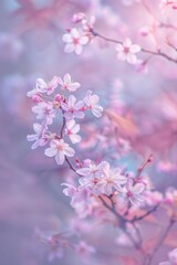 Obraz premium Cherry blossoms in full bloom on branches, with a softly blurred background of a springtime park. 