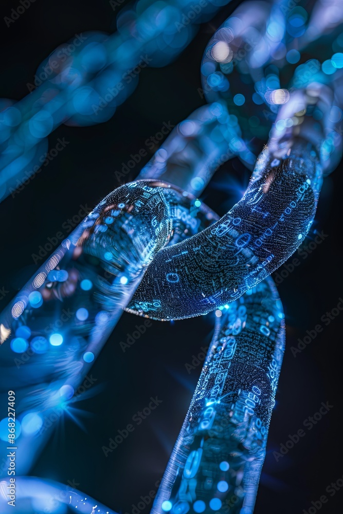 Aufkleber close-up of illuminated blockchain network links glowing blue. concept of cryptocurrency, data secur