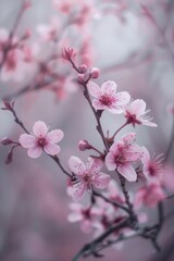 Obraz premium Cherry blossoms in full bloom on branches, with a softly blurred background of a springtime park. 