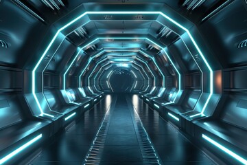 Futuristic spaceship hallway with blue neon lights, perfect for science fiction backgrounds. Concepts. technology, future, space travel, spaceship interior