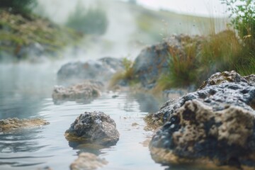Naklejka premium Natural hot springs with steam rising, with a softly blurred background of rocky terrain and greenery.