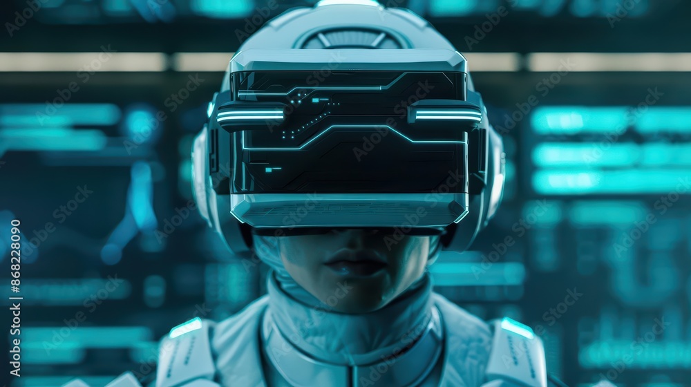 Poster cyberthemed startup scene with advanced robotics and immersive virtual reality presentations with co