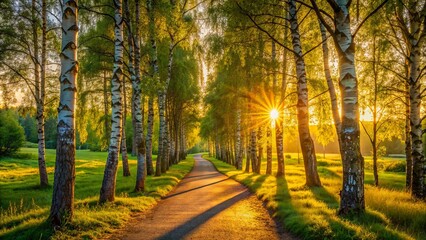 Obraz premium Serene sunset casts warm golden light on tranquil birch tree-lined pathway with lush green foliage in a peaceful summer evening scene.