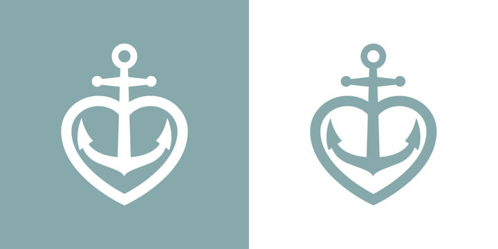 Logo nautical. Silueta de ancla de barco con coraz&oacute;n con l&iacute;neas