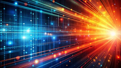 Vibrant digital data technology background featuring glowing binary code and mesmerizing light trails on dark blue, orange, and red hues.