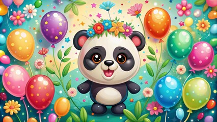 Adorable cartoon panda bears surrounded by colorful balloons, flowers, and confetti in a whimsical, child-friendly illustration background.