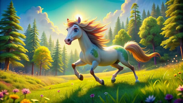 Adorably whimsical animated horse with bright colors and exaggerated features enjoys joyful gallop through sun-drenched meadow with green trees.