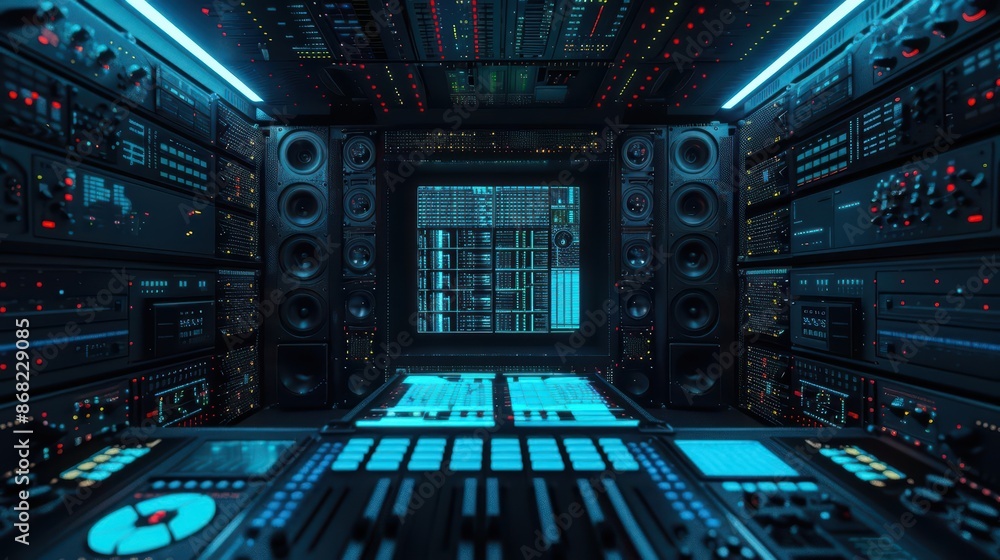 Poster futuristic sound engineering with aidriven composition and immersive 3d audio environments with copy